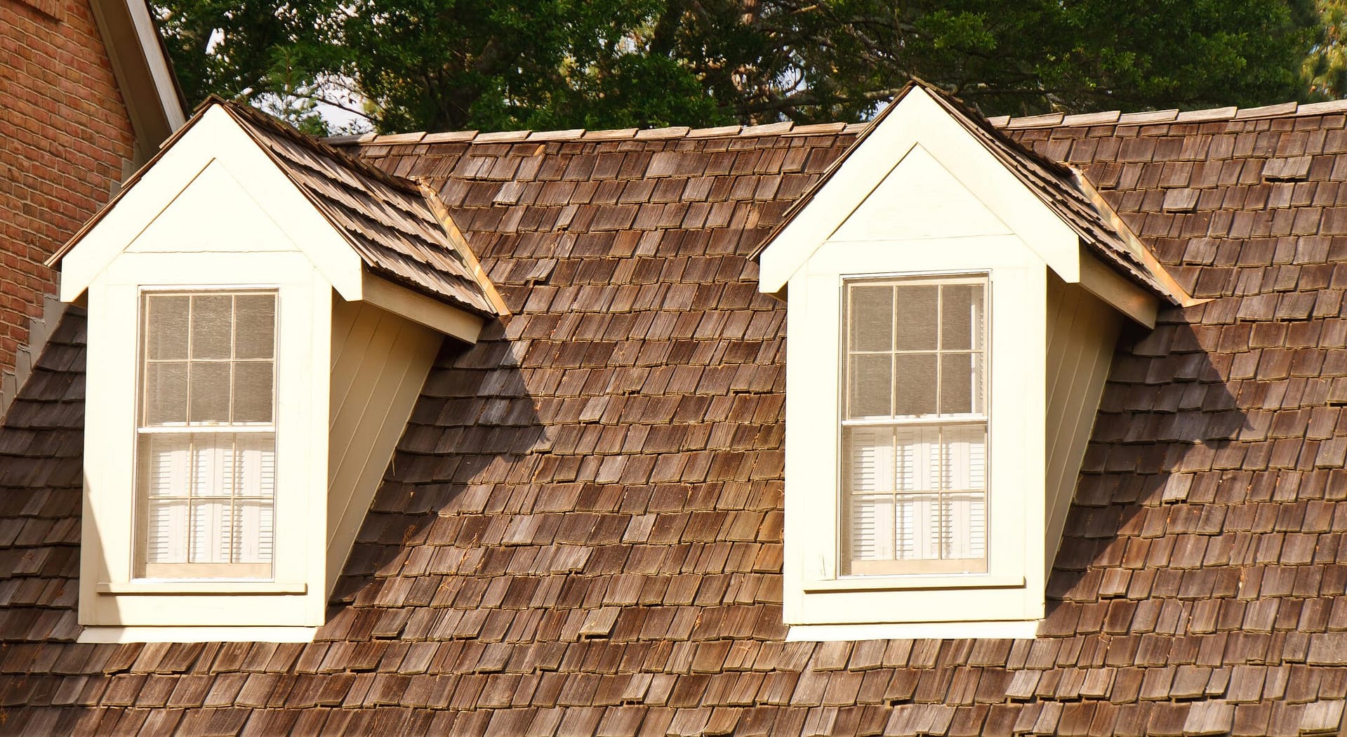 A close-up view of two dormer windows with white trim on a shingled rooftop. The windows have matching curtains, and the shingles are arranged in a neat, overlapping pattern. Green trees are visible in the background.
