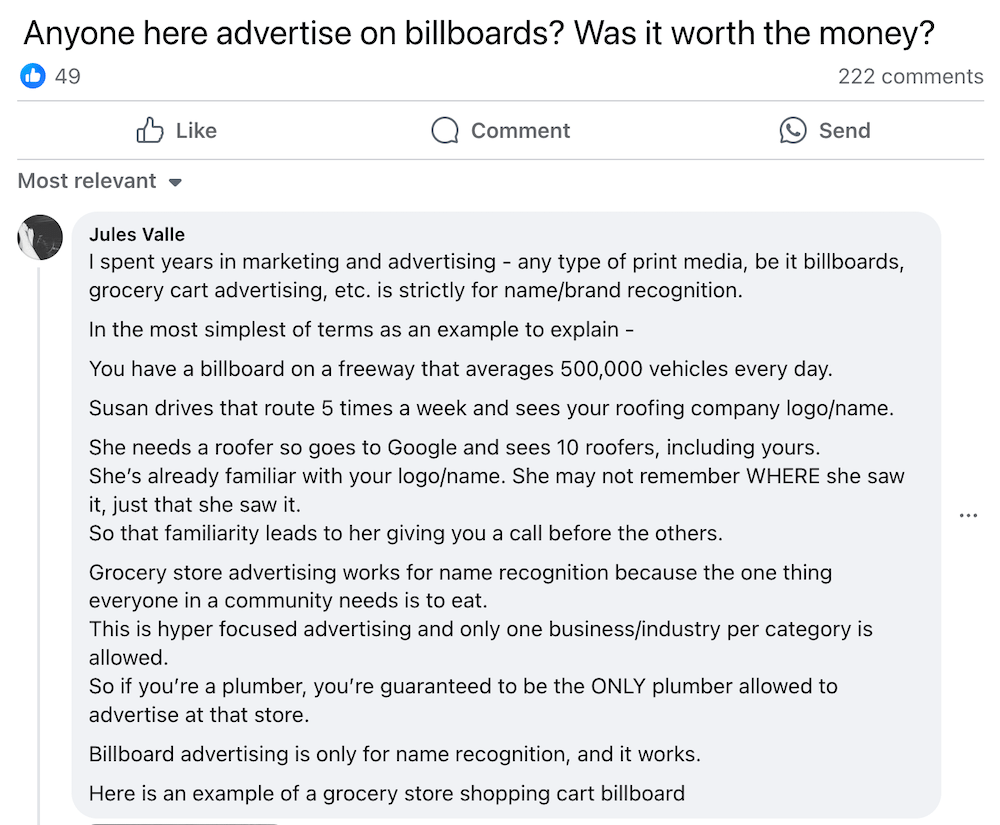 Evaluating the Value of Billboard Advertising A recent social media conversation raised the question: Is billboard advertising worth it? An insightful top comment compared several advertising methods, including billboards, grocery cart ads, and diverse industry services. Here’s a concise takeaway from that discussion: - Billboards: Effective for high-traffic areas; great for enhancing brand awareness. - Grocery Cart Ads: Focused exposure where shopping decisions are made. - Industry Services: Tailor-made strategies can offer targeted results. For businesses seeking optimal impact, integrating multiple channels may maximize reach and effectiveness. Consider your audience and budget to choose the best mix tailored to your goals.