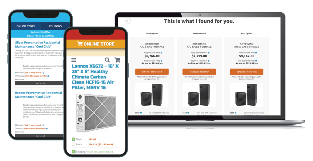 A smartphone showcases product listings featuring air filters, while a laptop displays a comprehensive comparison of air conditioners and gas furnaces, complete with prices and features.