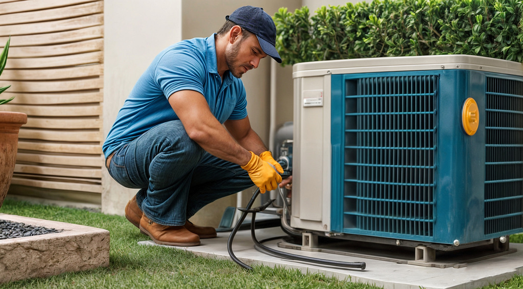 An expert technician from Hook Agency, wearing a blue shirt and cap with yellow gloves, expertly adjusts cables on an outdoor air conditioning unit. Positioned on a concrete slab amidst grass and decorative plants, his diligent work ensures optimal performance.