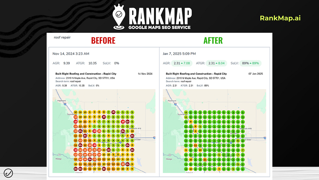 On Hook Agency's website, a compelling visual comparison demonstrates the transformative impact of RankMap AI on roof repair rankings. The "Before" map, dotted with numerous red markers, starkly contrasts with the "After" map, which is predominantly filled with green dots signifying improvement. This shift from 2024 to 2025 underscores Hook Agency's effectiveness in enhancing search rankings and driving results.