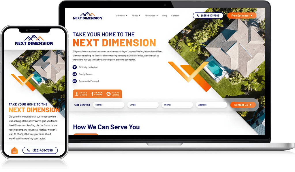 Displayed on a laptop and smartphone, the "Next Dimension" logo and aerial view of a modern home greet visitors with a call to "Elevate Your Home to the Next Dimension." Choose from options like "Get Started," request a "Free Estimate," or explore insightful case studies. Contact information and phone number are prominently available for easy access. Roofing website design inspiration