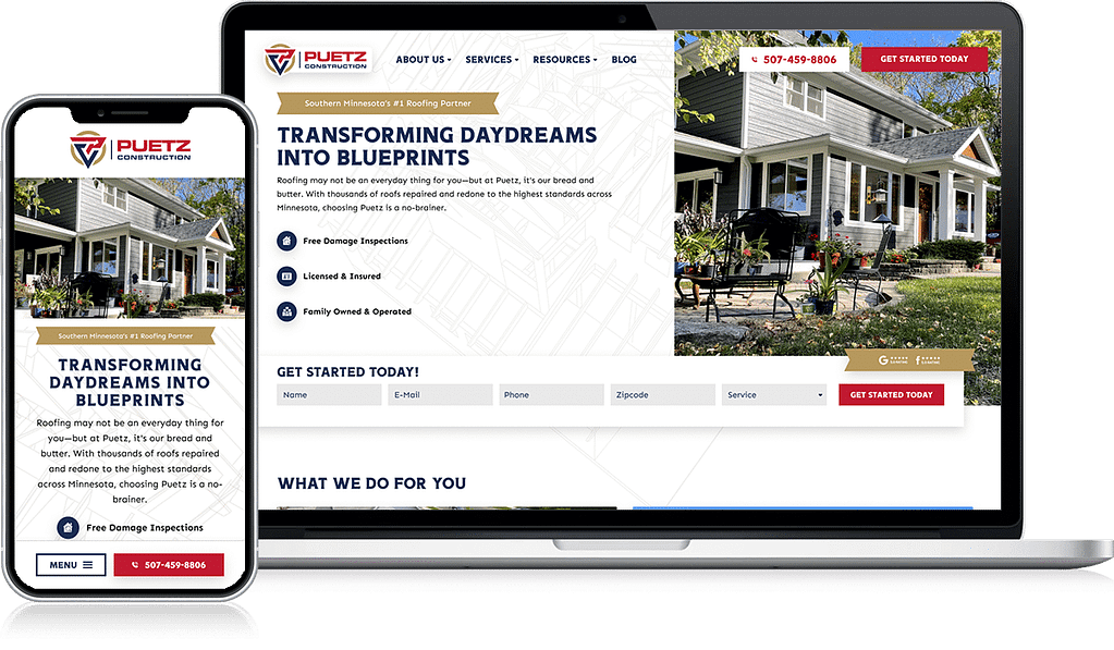 On Hook Agency's website, discover a responsive design seamlessly showcased on smartphones and laptops. The "Puetz Construction" brand shines, accompanied by an elegant image of a house. A prominent header declares "Transforming Daydreams into Blueprints," reflecting our cutting-edge 2024 roofing web design. Explore our services or get in touch with us today.