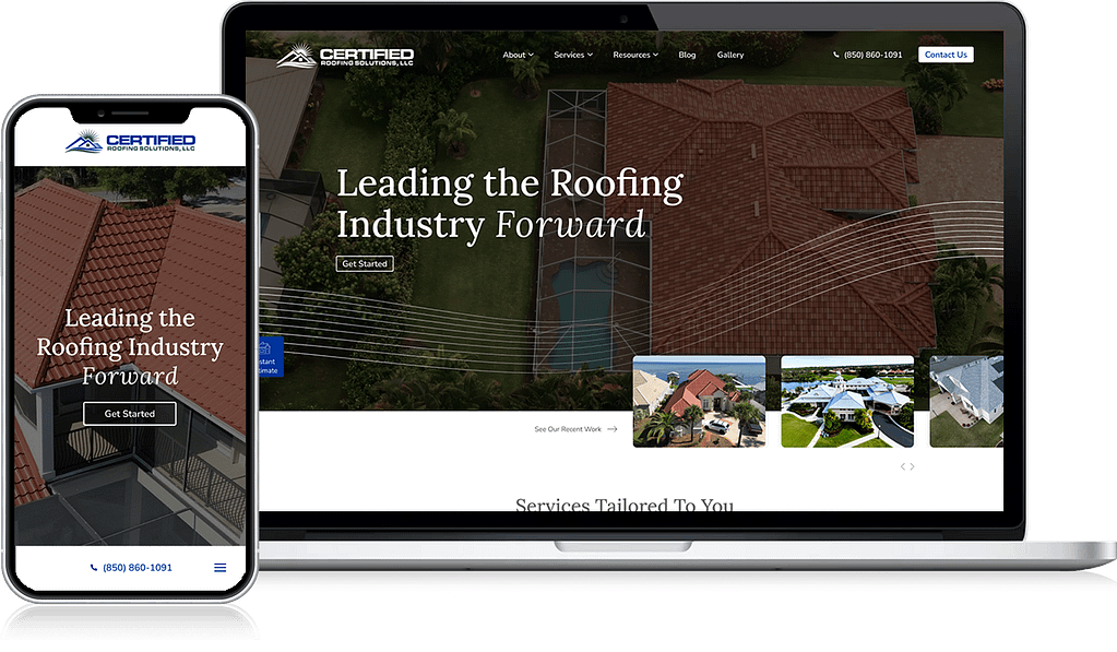 Displayed on a laptop and smartphone, our dynamic roofing website features breathtaking aerial views of tiled roofs alongside a streamlined menu. Prominently branded with the promise "Leading the Roofing Industry Forward," essential contact details are easily accessible on mobile devices.