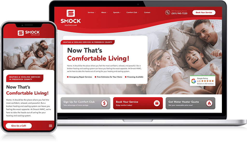 A smartphone and laptop display a sleek heating and cooling service website, reminiscent of a modern lookbook. The homepage highlights a cozy family in bed, clearly presents service options, contact details, and includes a strong call-to-action for scheduling. The design is contemporary, featuring distinctive red and white accents.