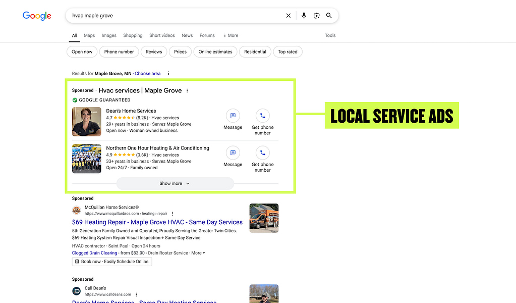 Explore the dynamic world of Local Service Ads (LSA) directly through a Google search for "HVAC Maple Grove." Our highlighted example demonstrates how LSAs prominently feature HVAC providers, complete with direct contact options like messaging and calling. Beneath these ads, sponsored links for related services are displayed, underscoring the effectiveness of LSA marketing strategies. Unlock the potential of LSAs to enhance visibility and connect with more customers today on Hook Agency's website.