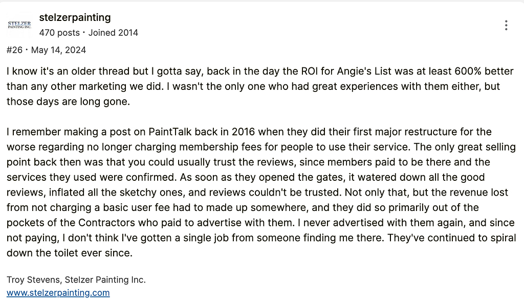 On Hook Agency's website, a forum post by stelzerpainting investigates the ROI of Angi Leads marketing, and highlights significant changes in review policies from 2016. The user openly shares experiences with contractor-generated fake reviews during that time.