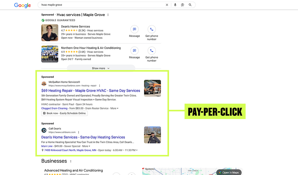 Screenshot of a Google search for "HVAC Maple Grove" shows Pay-Per-Click (PPC) ads, including Local Service Ads (LSA). Highlighted businesses, McQuillan Brothers and Dean's Home Services, feature direct contact options.