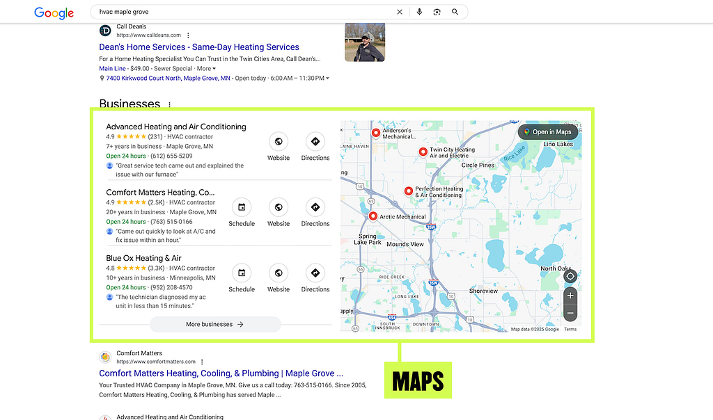 Screenshot of a Google search results page for "HVAC Maple Grove," featuring a map on the right and an SEO-optimized list of local HVAC businesses with ratings and contact details on the left. The "MAPS" section is highlighted at the bottom.