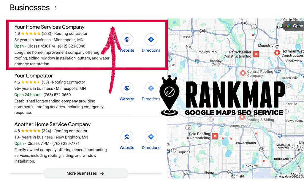 Displayed is a Google Maps results page featuring three roofing contractors in Minneapolis, MN. A highlighted listing boasts a 4.9-star rating, includes a link to their website, and offers a "Directions" button for easy navigation. To the right, the map provides visual guidance for location reference.
