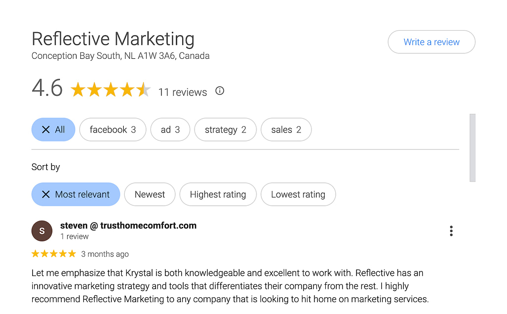 Reflective Marketing, located in Conception Bay South, NL, Canada, boasts a 4.6-star rating from 11 reviews. Customers commend Krystal for her expertise and outstanding social media management skills.