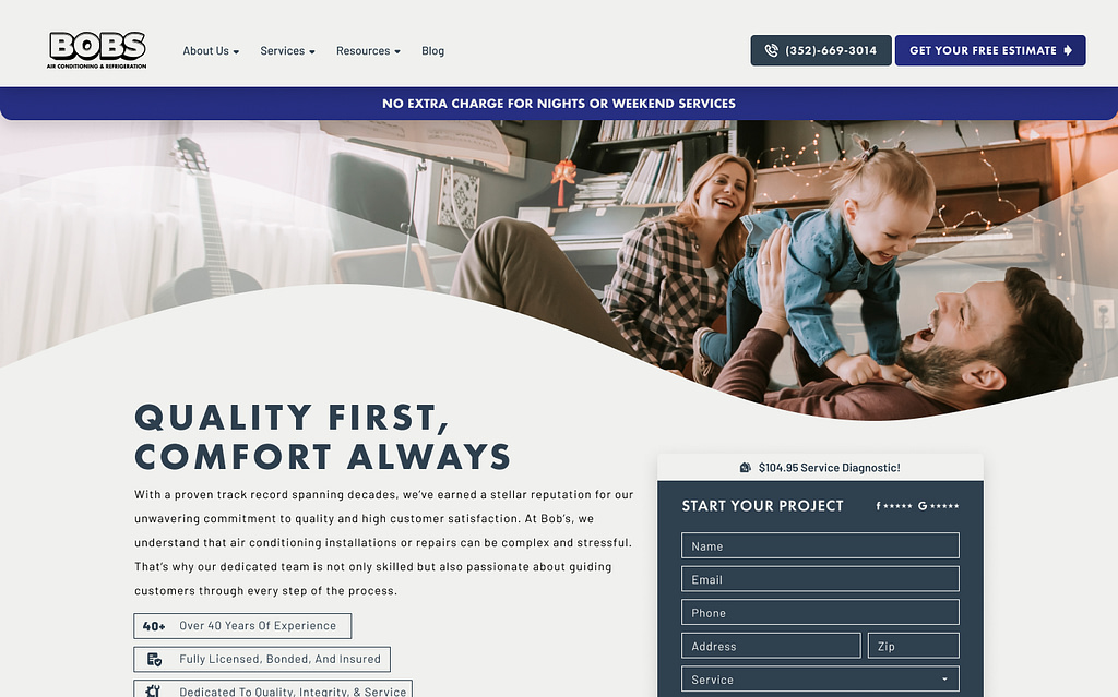 Bobs AC gray and dark blue HVAC and plumbing website design inspiration for 2025