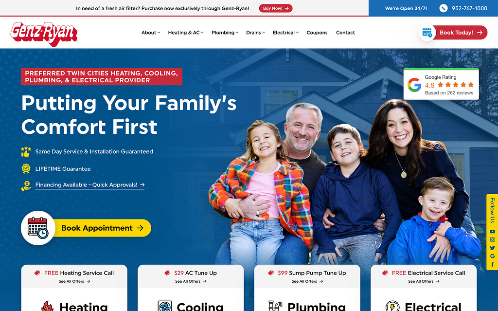 Family focused winning home services website design example, Genz Ryan