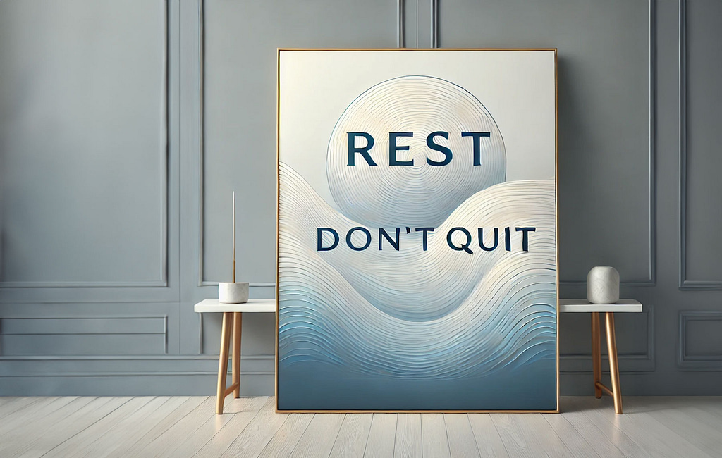 A prominently displayed poster on a gray wall declares "REST DON'T QUIT" in bold letters, accompanied by a minimalist sun or moon design above wavy lines. This motivational piece serves as a reminder to those experiencing burnout to take a pause. Simple side tables with a candle and small vase complete the scene.