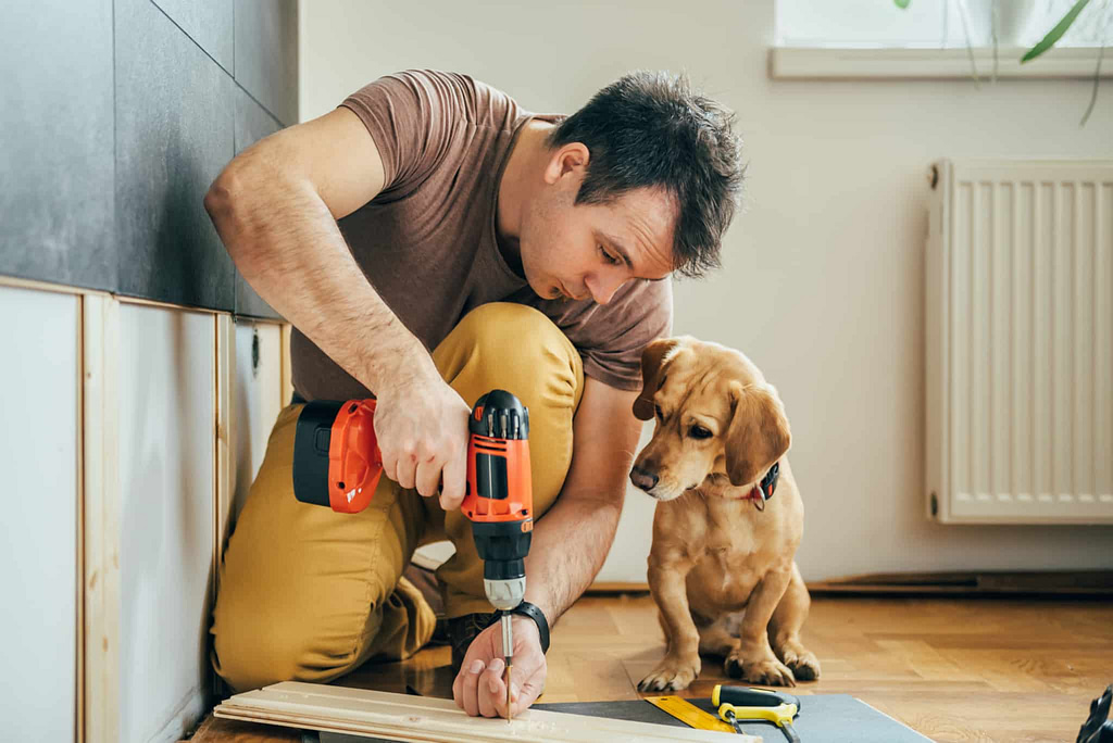 Renovation Company Name Ideas - Renovation Names: A man expertly drills into wood, embodying the dedication of his thriving home improvement business. Beside him, a small brown dog observes intently. In the background, a radiator and a window with a plant signify the business's growth and success.