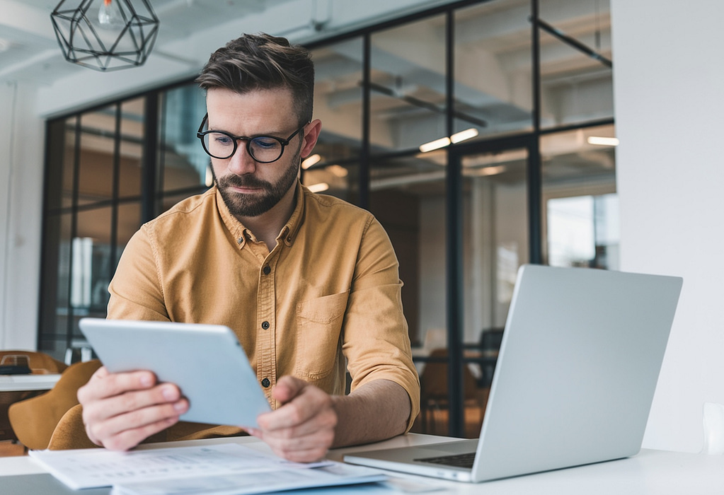 A bearded individual in glasses concentrates intently on a tablet showing unauthorized Facebook charges. In a modern office setting, a laptop and scattered documents surround him. Glass partitions and geometric lighting highlight the importance of addressing this matter seriously.