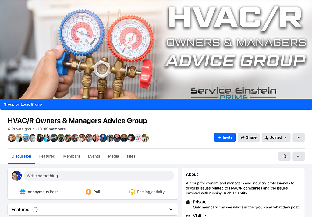 Displayed on Hook Agency's website is a close-up image of HVAC pressure gauges. Highlighted is the "HVAC/R Owners & Managers Advice Group" on Facebook, featuring its community of 2,025 industry professionals. Visitors can view the cover image and explore options to invite others or post within this active group.