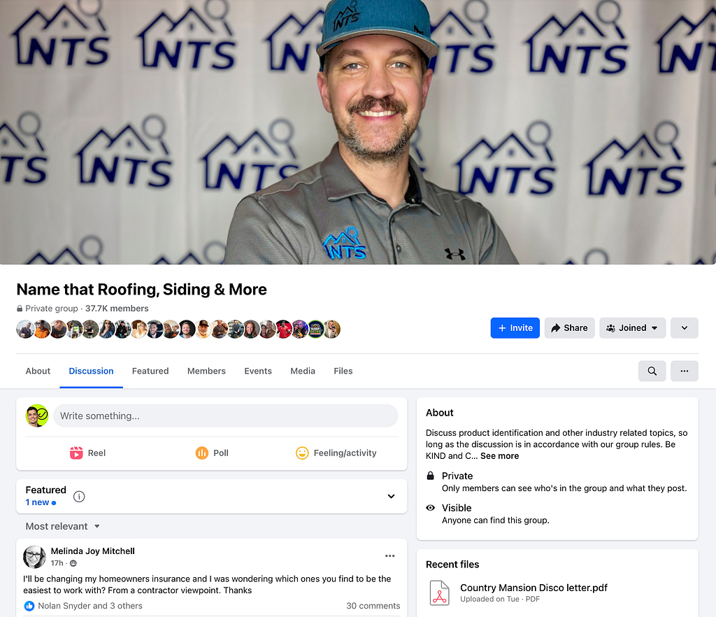 A man in a blue cap and gray polo stands smiling against an "NTS" logo backdrop. The Facebook group "Name that Roofing, Siding & More" highlights 2025's posts and a growing member list, demonstrating increased interest in future industry innovations.