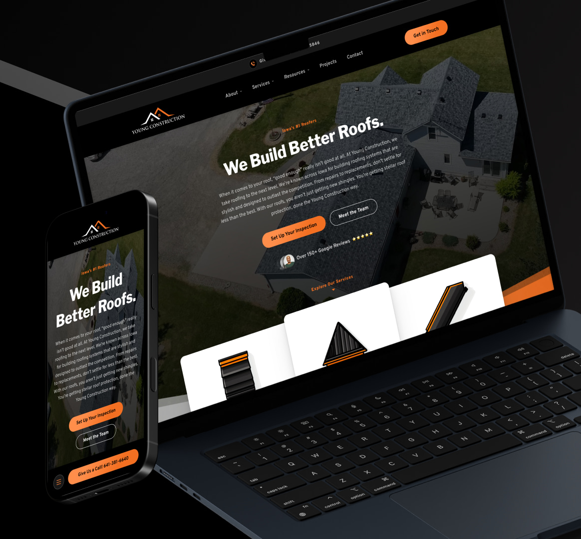A smartphone and laptop display a roofing company's website, prominently featuring the slogan "We Build Better Roofs." Expertly crafted by a Chicago web design specialist, it showcases an orange and black theme, highlighting images of roofing materials and a house.