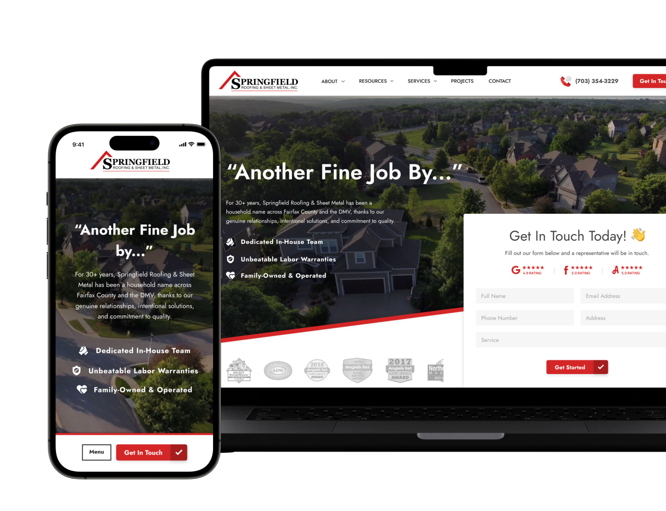 Showcasing our Boston web design expertise, a laptop and smartphone display a roofing company's homepage. This page features a contact form, logo, navigation menu, and accolades set against an aerial view of a residential neighborhood.