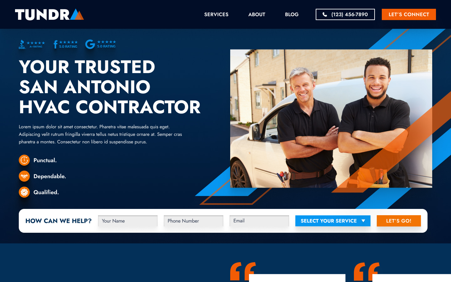 Tundra blue and orange HVAC and plumbing website design inspiration for 2025