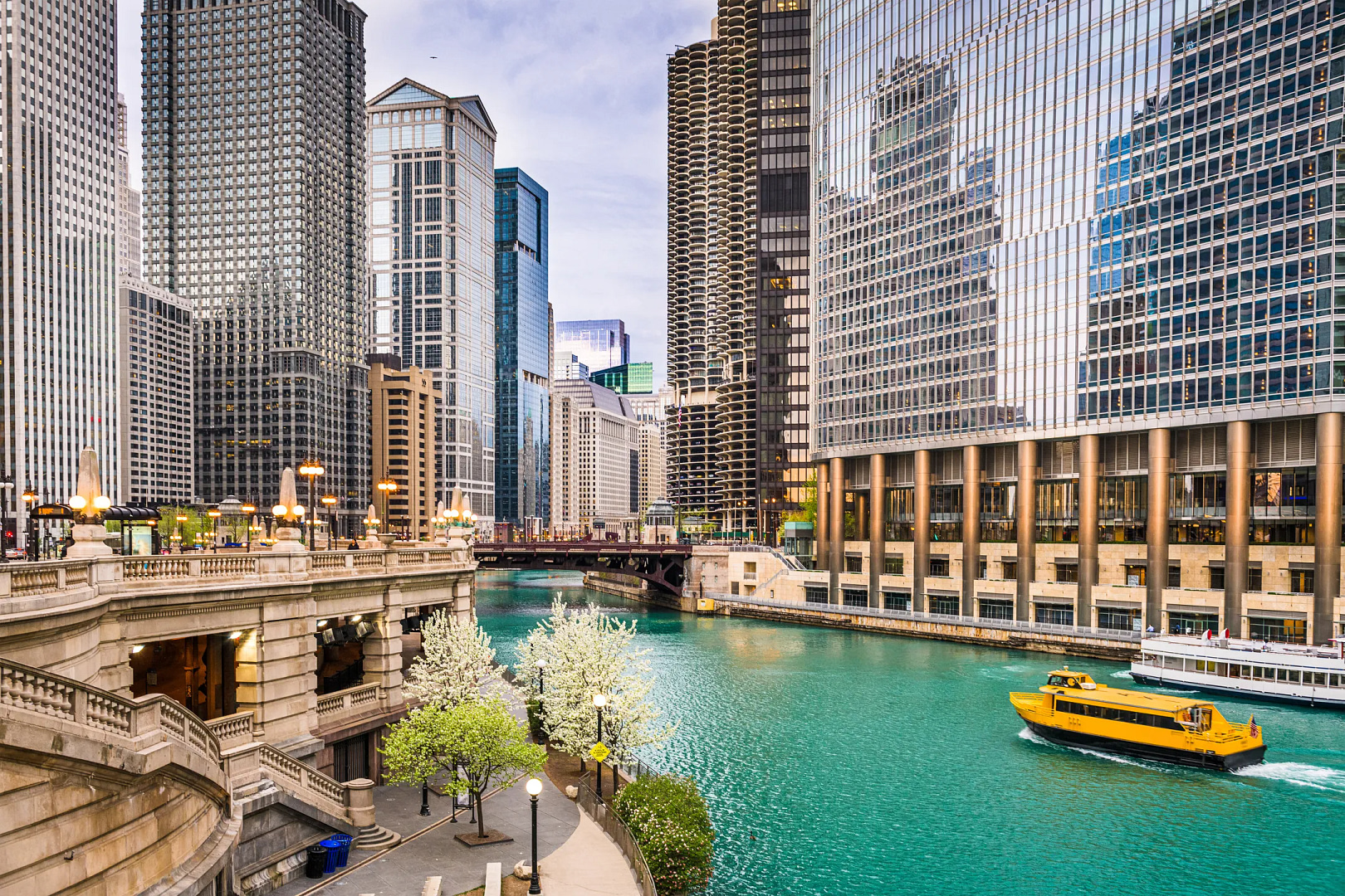 Capture the essence of Chicago with an unrivaled view of the iconic skyline along the Chicago River. Gleaming skyscrapers tower on both sides, while a yellow water taxi navigates the vibrant turquoise waters. Trees adorned with white blossoms frame this enchanting scene. An overcast sky adds a layer of mystique to this picturesque landscape—a quintessential image for any successful Chicago SEO campaign.