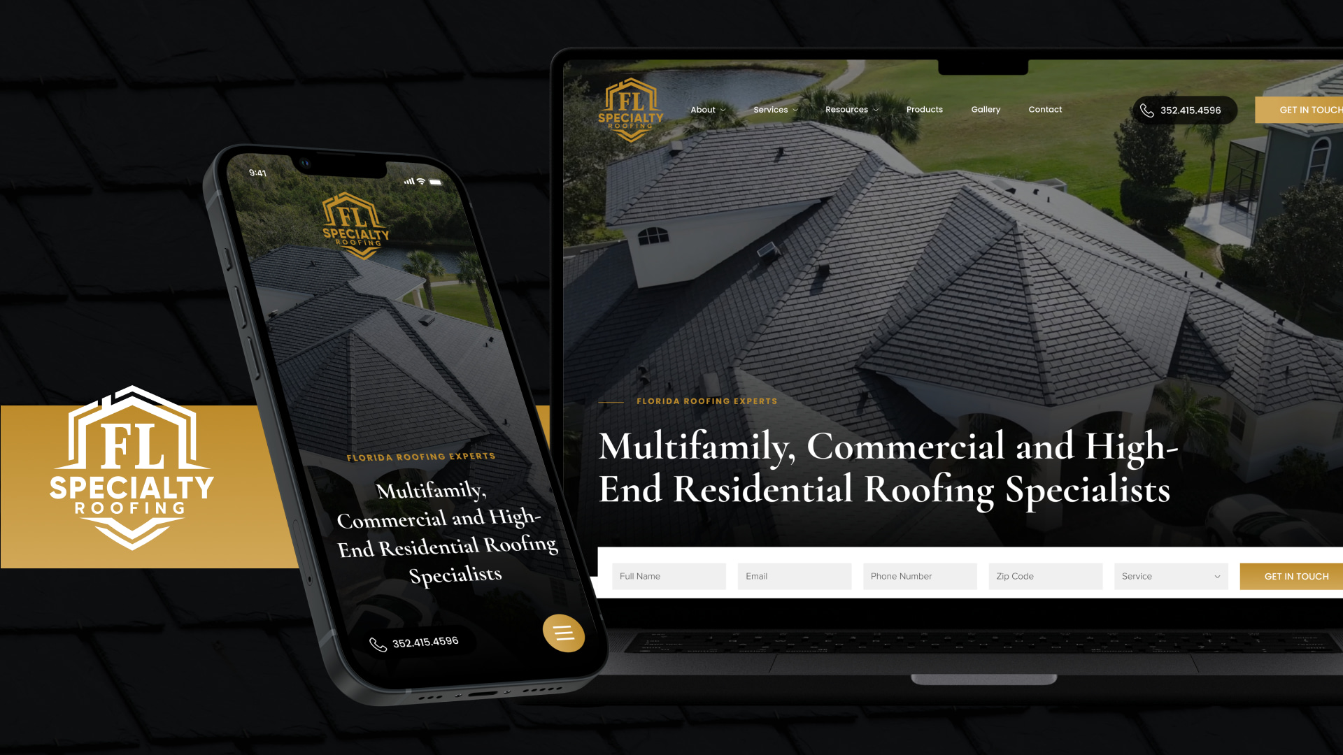 A smartphone and laptop showcase the San Diego web design for FL Specialty Roofing, prominently featuring their logo and key services: commercial and residential roofing.