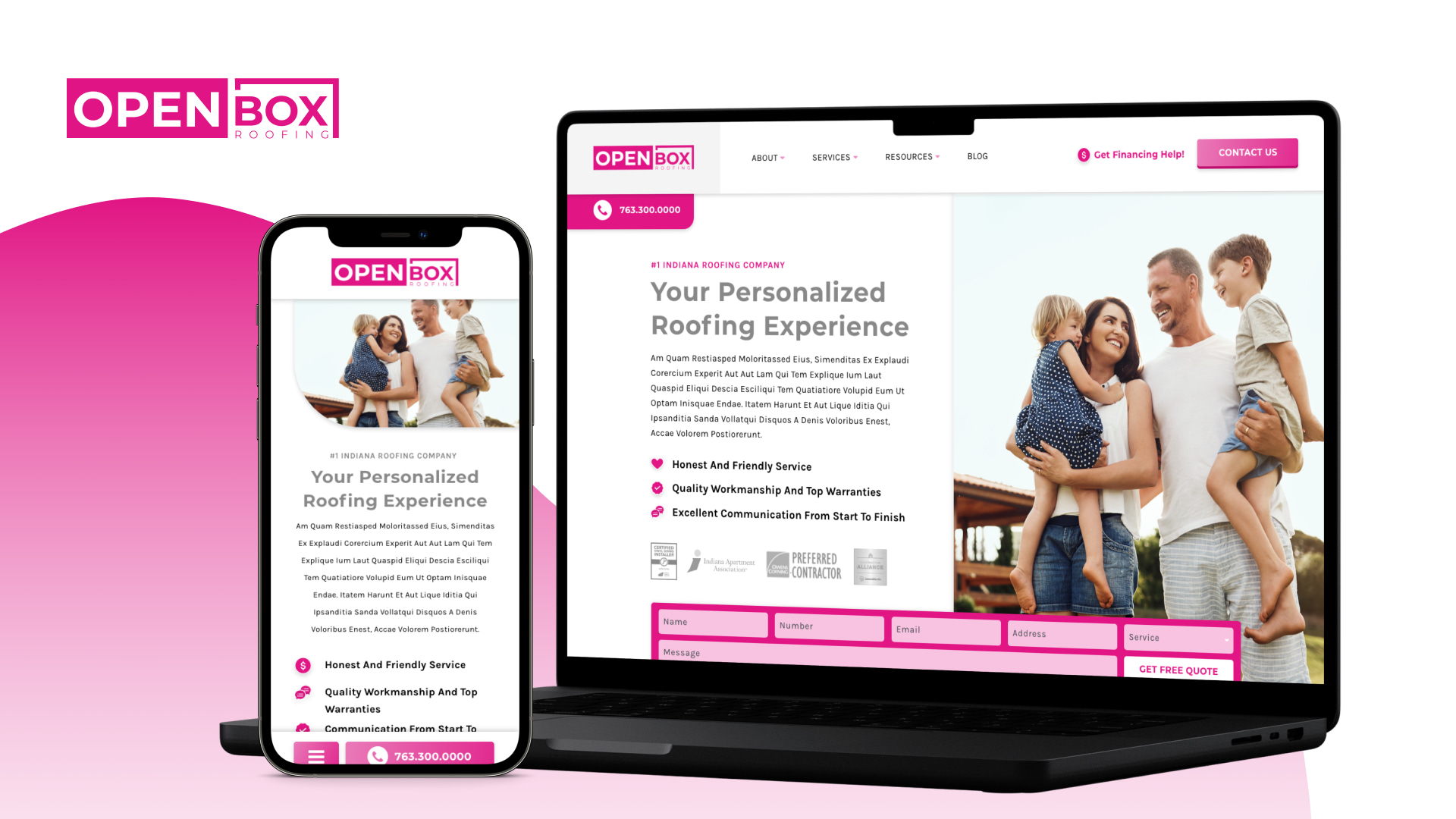 On the Hook Agency website, a mobile phone and laptop display the "Open Box Roofing" website, crafted by an Indianapolis web design team. The site highlights personalized roofing services with a smiling family on a pink and white background, featuring prominent contact information.
