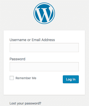 Screenshot of a WordPress login page showcasing fields for "Username or Email Address" and "Password," complete with a "Remember Me" checkbox and a blue "Log In" button. The design reflects modern login screen styles, with a link to recover a lost password below the form.