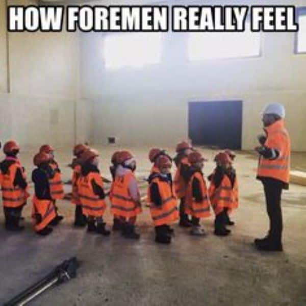 Construction meme of foremen leading children.