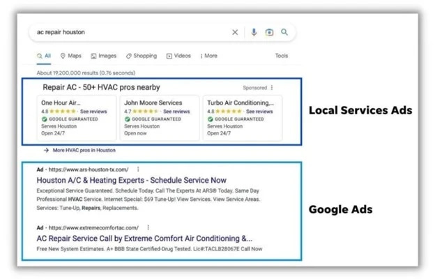 Screenshot showcasing Google search results for "AC repair Houston," highlighting Local Services Ads featuring top-rated HVAC professionals. Below, standard Google Ads offer further AC repair insights, providing a preview of effective home comfort solutions in the 2025 guide.