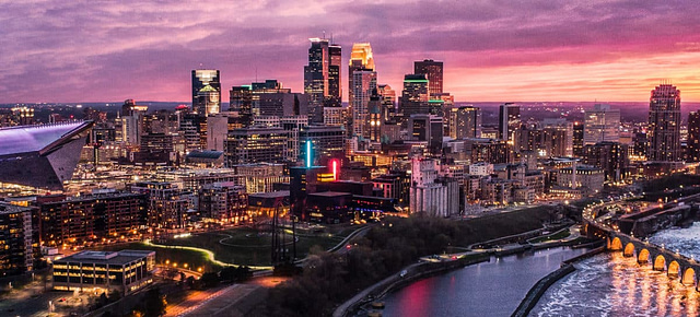 Minneapolis Purple Rain - Aerial View at Night, Beautiful overhead view