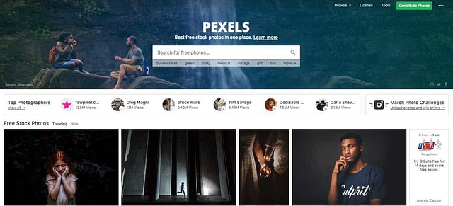 Screenshot of the Pexels homepage from 2018 featuring a search bar and various photographer profiles. Below are thumbnails of free stock photos including a girl with red hair, shadowy figures in a corridor, a woman lying down, and a man posing against a wall — essential tools for digital marketing creatives.