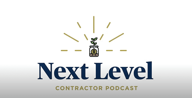Introducing the "Next Level Contractor Podcast" logo: a stylized light bulb with a sprout, radiating lines, and symbolizing growth and innovation in the roofing industry. Bold navy blue text on a white background enhances its impact.
