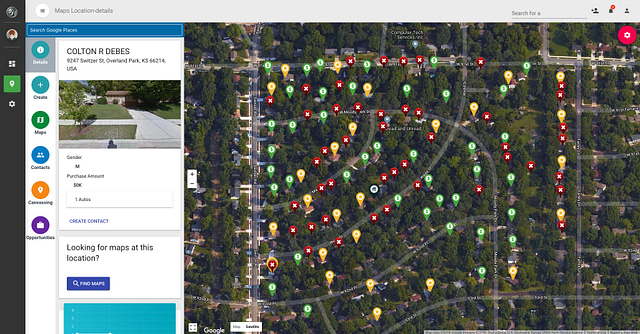 An aerial map displays neighborhood locations marked with colored pins, highlighting storm restoration sites identified by Hail Trackers. A sidebar provides details for roofing services: "COLTON R DEBES, 5907 Skinner Dr, Overland Park, KS 66214, USA," with contact and map options readily accessible.