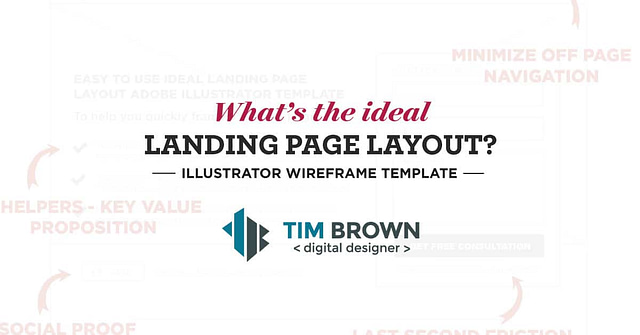 Text on an image: "What's the ideal landing page layout? Discover with our Wireframe Template" accompanied by a logo labeled "Tim Brown, digital designer." The background subtly showcases text and design elements related to aspects of a landing page.