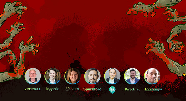 On Hook Agency's website, seven individuals are featured in circular frames set against a dark red backdrop, evoking looks from a marketing guide. Above them, stylized zombie hands extend downward. The companies represented below each portrait are Perrill, Loganix, Seer, SparkToro, SEO8, Directive, and Lockdown.