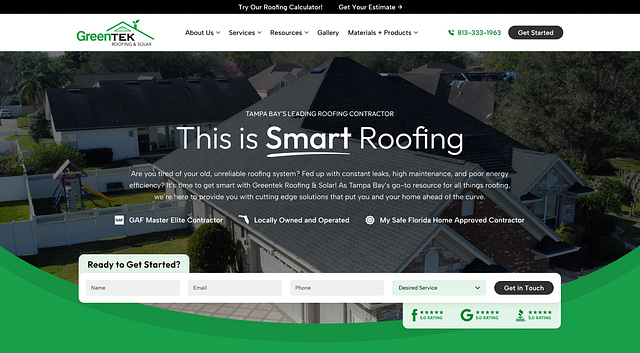 GreenTek Roofing’s homepage delivers a standout user experience with clear roofing service details, prominent contact information, and an interactive calculator. The bold headline “This is Smart Roofing” overlays an aerial house image, all presented in a fresh green, modern design—setting the standard for home service websites.