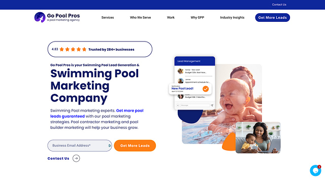 Go Pool Pros’ homepage establishes authority as a leading pool company marketing agency with bold headlines, a dynamic blue and orange palette, standout star ratings, and clear “Get More Leads” calls-to-action. The design features real images of clients enjoying pools and showcases an intuitive lead management interface—everything tailored to drive results for your pool business.