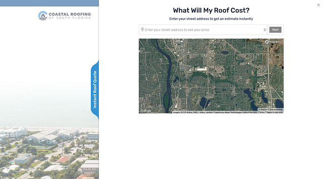Screenshot of Coastal Roofing of South Florida's website featuring a "What Will My Roof Cost?" header and an interactive map for users to enter their street address and receive an instant quote—demonstrating the company's commitment to transparent roofing pricing.