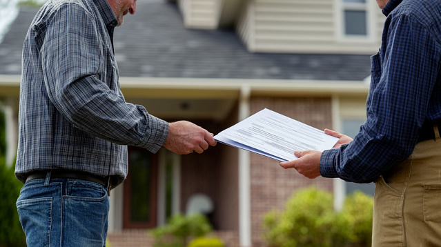 Two individuals stand before a brick-faced, shingle-roofed house, engaged in a review of roofing contract documents on a clipboard. The scene is set against a blurred background of lush greenery. Both parties are casually dressed in plaid shirts and jeans, emphasizing an approachable yet professional demeanor.