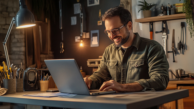 A man wearing glasses types confidently on his laptop, developing Home Service Blog Ideas at a well-organized workshop desk. Tools line the wall neatly under a focused desk lamp, complemented by plants and decor that enhance the workspace's welcoming atmosphere.