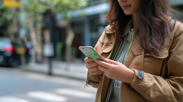 On a bustling street, an individual checks Google Maps on their smartphone. Dressed in a brown jacket and striped shirt, with long brown hair, they stand against a dynamic backdrop of trees and buildings, suggesting an inviting outdoor environment.