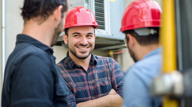 Three men in red hard hats and work shirts stand together at a job site. The man in the center, likely an HVAC technician, stands confidently with arms crossed and a smile as the others consult with him—possibly reviewing HVAC interview questions.