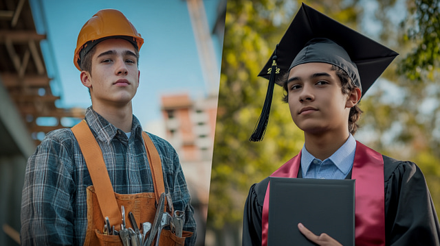 A split image visually compares the trade school vs. college decision: on the left, a young man appears as a construction worker; on the right, he wears a graduation cap and gown.