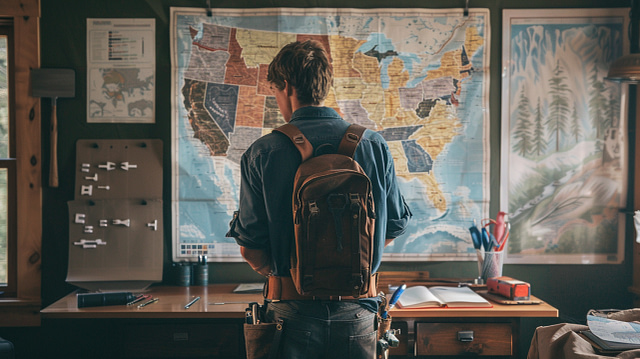 On Hook Agency's website: An individual stands at a desk in a cozy, well-equipped room, intently studying a large map of the United States to research plumber licensing requirements and training pathways.