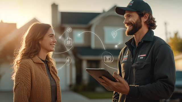 An HVAC professional uses a tablet to securely exchange information with a customer outside her home, demonstrating the ease and efficiency of digital processes for HVAC marketing and customer follow-up.