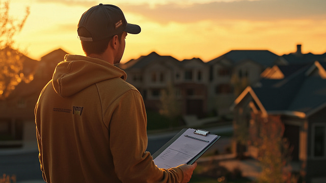 A professional in a hoodie and cap stands outside in a suburban neighborhood at sunset, clipboard in hand, evaluating nearby homes to determine effective roofing pricing strategies.