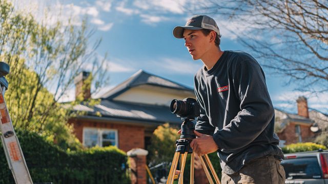 A young man in a cap and long-sleeve shirt sets up a camera on a tripod outdoors, ready to create repurposed video content. The scene features a house, trees, and blue sky in the background.