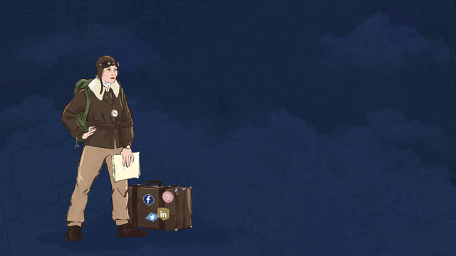 An illustration features a marketing manager dressed as a vintage aviator, expertly holding documents next to a suitcase covered with social media logos. A dark blue sky with clouds sets the stage for this business expedition.